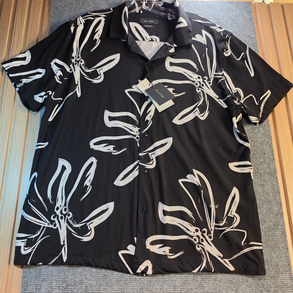 Porter & Ash Shirt Men Large Black Floral Kinetic Stretch NWT Good Short Sleeve